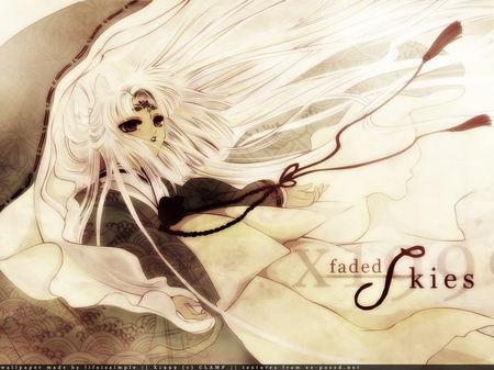 Faded Skies - priestess, x 1999, white, brown, miko, doll, sepia, anime, skies