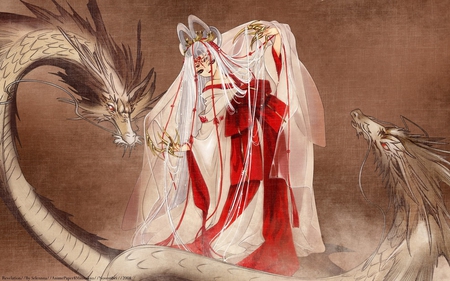 Dragon Priestess - ritual, priestess, x 1999, miko, sepia, beautiful, red, anime, dragon, kimono