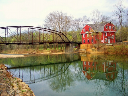 War Eagle Mills, Arkansas - house, trees, water, reflection, river, red, mills, sky, bridge