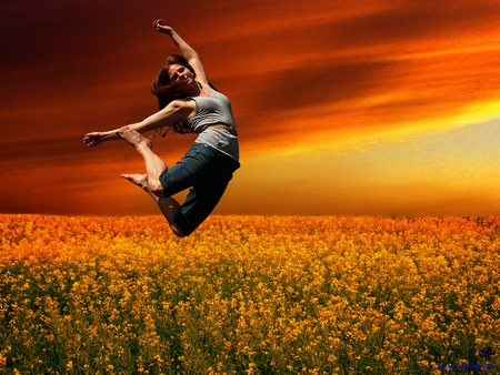 Golden_Memories. - nature, fields, girl, jump, golden, sky