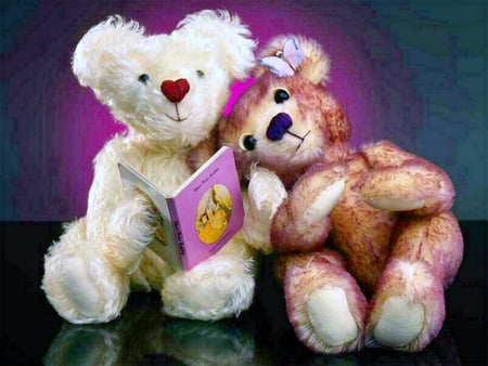 Bedtime story - white, teddy bears, brown and white, book, toys