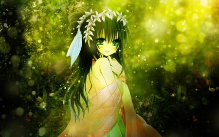 Anime in green - cute, crown, anime, girl, green