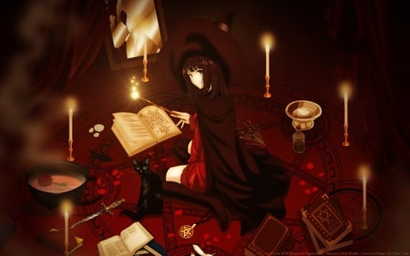 Charmed and Beautiful - hat, cloak, anime, magic, book, pentagram, girl, witch, drawing, cgi, painting, candles, art