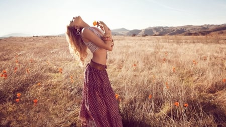 field of freedom - woman, nature, sexy, pretty, photography, field, flowers, model