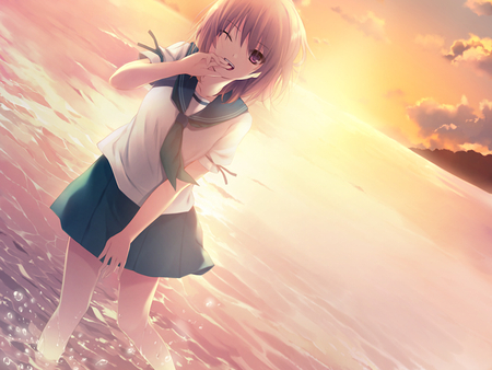 Sunset - skirt, girl, sun, water, sunset, anime girl, game cg, cloud, anime, cure girl, school girl