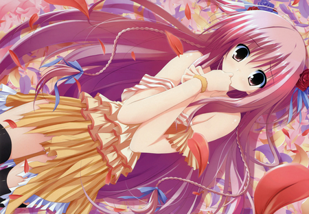 Sakuno Kanata - anime, yellow, brown, eyes, lying, red, hd, skirt, hot, on, girl, hair, ground, cute, background, the, sexy, wallpaper