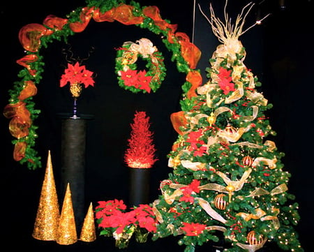 Images of Christmas - wreath, red, green, poinsettia, garland, gold, decorations, tree