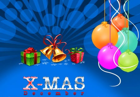 XMas - holiday, bells, balloons, colors, presents, blue