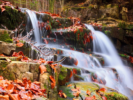 Autumn waterfall - fall, nature, waterfall, cascade, autumn, stones, leaves