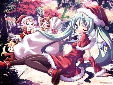 Have A Very Vocaloid Christmas! - girls, hatsune miku, meiko, bag, kagamine twins, leek, christmas, vocaloids, santa, len, rin, presents, anime, blush, cute