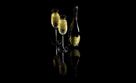 Christmas celebration for two! - pic, celebration, photo, two, bottle, image, gold, champaign, christmas, photograph, black, glasses, picture, alcohol, background, wall, wallpaper