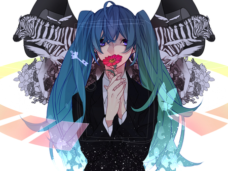 Saihate - anime, vocaloid, butterflies, hatsune miku, kobayashi onyx, suit, flowers, pixiv id 1363102, saihate, zebra, miku, aqua eyes, hatsune, aqua hair, animals