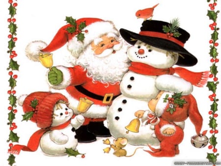 SANTA AND FRIENDS - santa, snowman, snowmas, animals, friends, christmas, bird