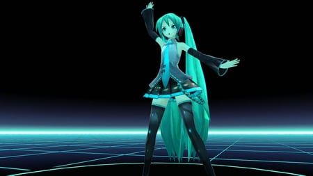 Hatsune Miku - tie, pretty, artistic, twin tail, stage, light, uniform, stunning, headphones, nice, program, leggings, thighhighs, beauty, virtual, cg, white, gray, cute, aqua eyes, 3d, song, outfit, vocaloid, anime, amazing, twintail, hatsune miku, microphone, music, aqua, stockings, art, idol, anime girl, skirt, beautiful, singer, girl, cool, black, glow, miku, awesome, diva, digital, aqua hair, thigh highs, hatsune, vocaloids, headset