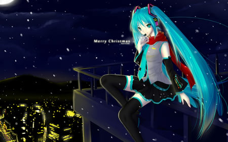 Merry Christmas! - outfit, virtual, miku, digital, vocaloids, song, leggings, christmas, microphone, city, uniform, singer, mountains, winter, cool, headphones, awesome, vocaloid, thighhighs, anime, twintail, buildings, yuki, blue, season, cg, merry christmas, clouds, skirt, snow, hatsune, black, cute, beautiful, skyscrapers, girl, anime girl, white, stockings, light, program, artistic, pretty, glow, snowflakes, aqua, thigh highs, beauty, hills, sitting, art, diva, twin tail, sky, nice, tie, moon, idol, headset, music, hatsune miku