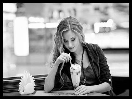 A Little While - woman, ice cream, alone, photography, black and white