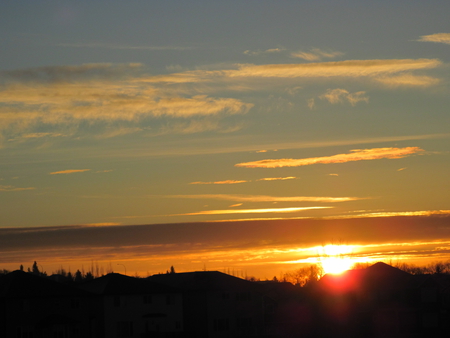 Sunrise in between the houses 12 - clouds, black, white, blue, red, photography, sunrise, sky