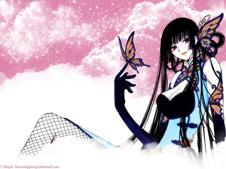 Sky Blue Butterfly - sky, sexy, hot, magic, black, witch, butterfly, xxxholic, cloud, blue, pink, yuuko, anime