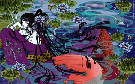 Bewitching Siren - sexy, lake, hot, witch, xxxholic, water lily, mermaid, siren, yuuko, anime, flowers