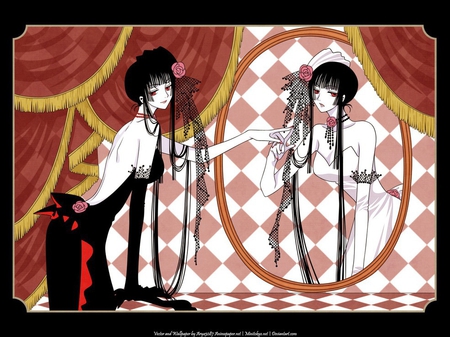 Innocent Reflection - anime, hot, dress, checker, cool, light, reflection, dark, yin yang, mirror, red, xxxholic, sexy