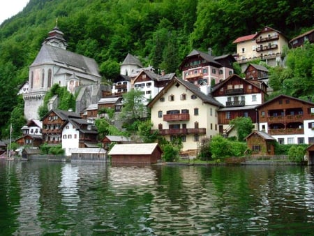 Shore Houses - hill, houses, lake, trees