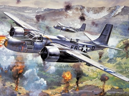 A-26 Invaders - airplane, invader, a26, a-26, war, douglas, plane, drawing, world, ww2, painting, classic, art, antique, wwii