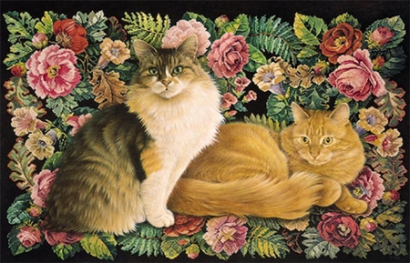 Tapestry cats. - tapestry, cat, flower, animal