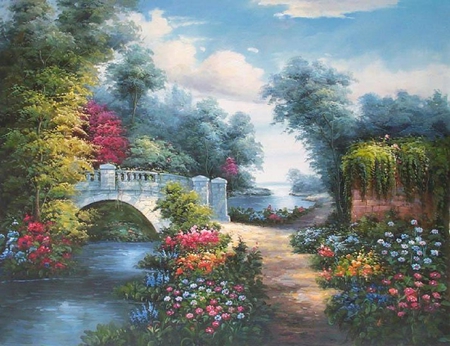 Bridge. - cloud, sky, flower, path, river, wall, bridge, tree