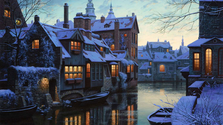 Magical Winter Scenery - boats, river, winter, beautiful, lights, snow, houses, magical