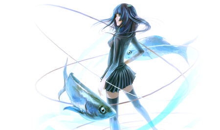 Lady Aqua - white background, blue hair, thigh highs, short skirt, blue eyes, long hair, fish, anime girl