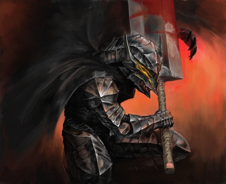 Guts - helmet, warrior, guts, blood, armor, berserk, armour, anime, sword, cape, weapons