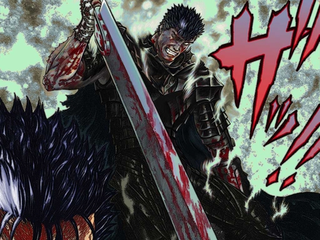 Guts - male, gritted teeth, guts, blood, armor, berserk, armour, warriors, anime, sword, weapons, spiky hair