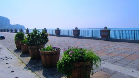 Seaside Park - flowers, trail, brick, sea, park