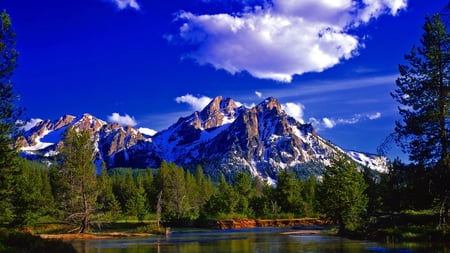 Spectacular Scenery - trees, scenery, blue, snow, lake, spectacular, mountains, sky