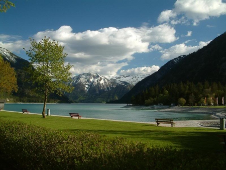 Achensee in Spring - sky, lake, trees, grass