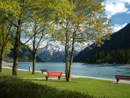 Achensee Park Lake - sky, benches, lake, trees