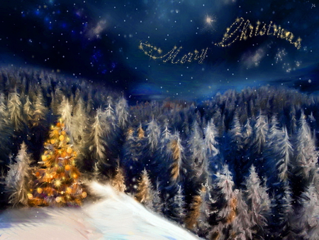 Christmas in the mountain - new year, slope, mountain, magic, night, christmas, snow, holiday, tree