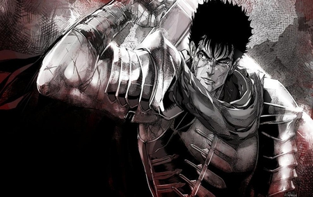 Guts - anime, warrior, cape, sword, weapons, armour, male, armor, throwing knives, black hair, black and white, berserk, spiky hair, scars