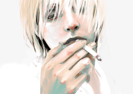 Smoko - anime, white background, white hair, male, hand, cigarette, face, smoke, smoking