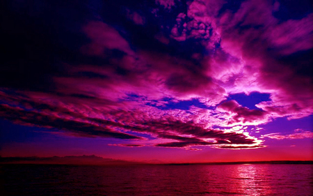 Purple Sky - beauty, sky, photography, sunset, calm, view, reflection, pretty, clouds, ocean, lake, wave, nature, blue, beautiful, pink, red, photo, sea