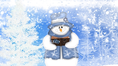 Winter Frosty Song - snowman, winter, carol, blue, snow, singer, firefox persona, tree, christmas, cold