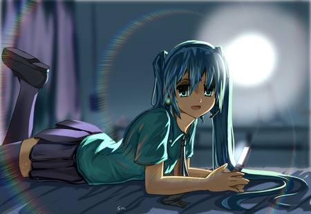 Miku Hatsune - vocaloid, miku hatsune, big eyes, light, long hair, dark, happy, listening to music, big aqua eyes, moon, smile, miku, ponytails, aqua eyes, cv01, aqua hair, hatsune, vocaloids, aqua long hair