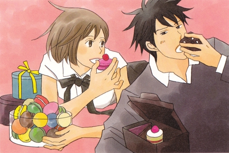 Nodame & Chiaki - cute, nodame eating, pink background, nodame and chiaki