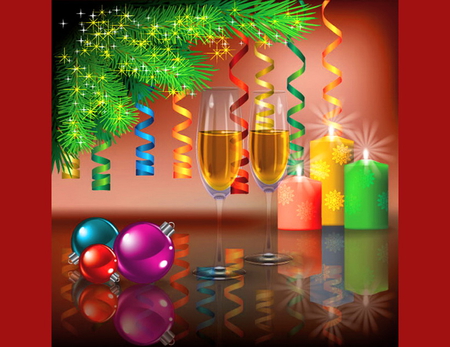 Happy holiday season - reflections, champagne, balls, streamers, candles, boughs