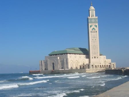 Hassan II Mosque, Morroco - monument, building, ocean, sand