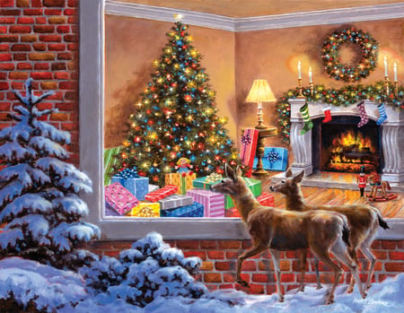 By Nicky Boehme - nicky boehme, window, snow, tree, village, christmas, ice, animal, holiday, deer, painting, art