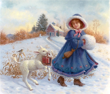 By Ruth Sanderson - child, winter, sheep, ruth sanderson, painting, girl, snow, art