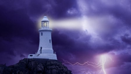 storm near lighthouse - lighthouse, purple, storm, landscape