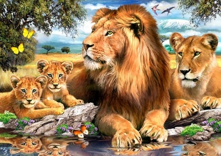 By Howard Robinson - painting, howard robinson, cub, butterfly, art, lion, family, animal