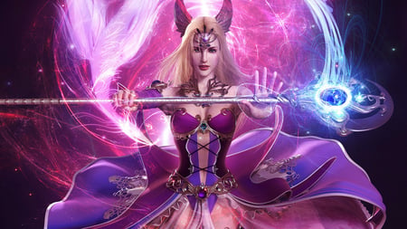 Girl From the World of Fantasy - darkside, female, wizard, magic, beautiful, hot, staff, beauty, cool, fantasy wings, fantasy, purple, wings, sexy